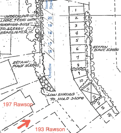Site plan showing the numbered parking spaces and driveway from 193 Rawson Road